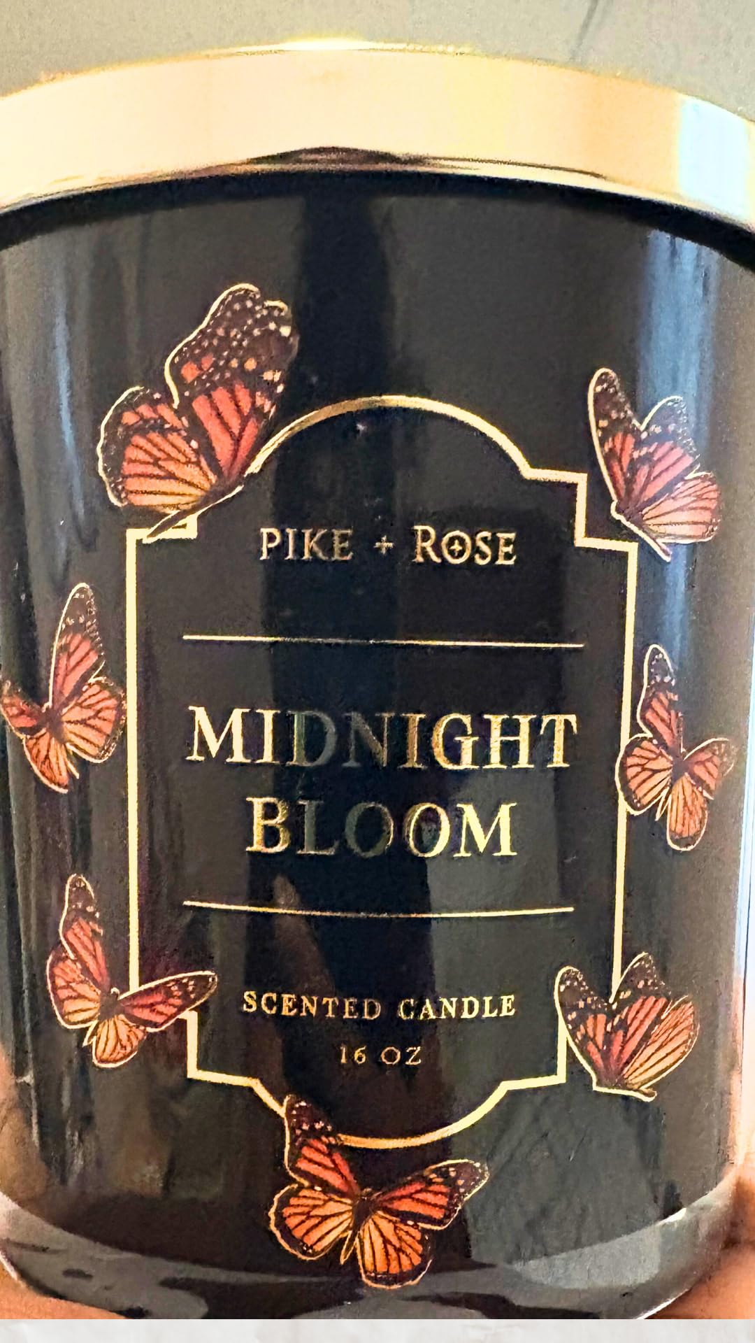 Pike + Rose Midnight Bloom Scented Soy Wax Candle, Black Glass Jar with Butterfly Design, 16 Oz