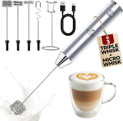 Zulay Kitchen Rechargeable Milk Frother - Powerful 2-Speed Motor, 2000mAh Battery | Silver Drink Mixer for Lattes & Cappuccinos