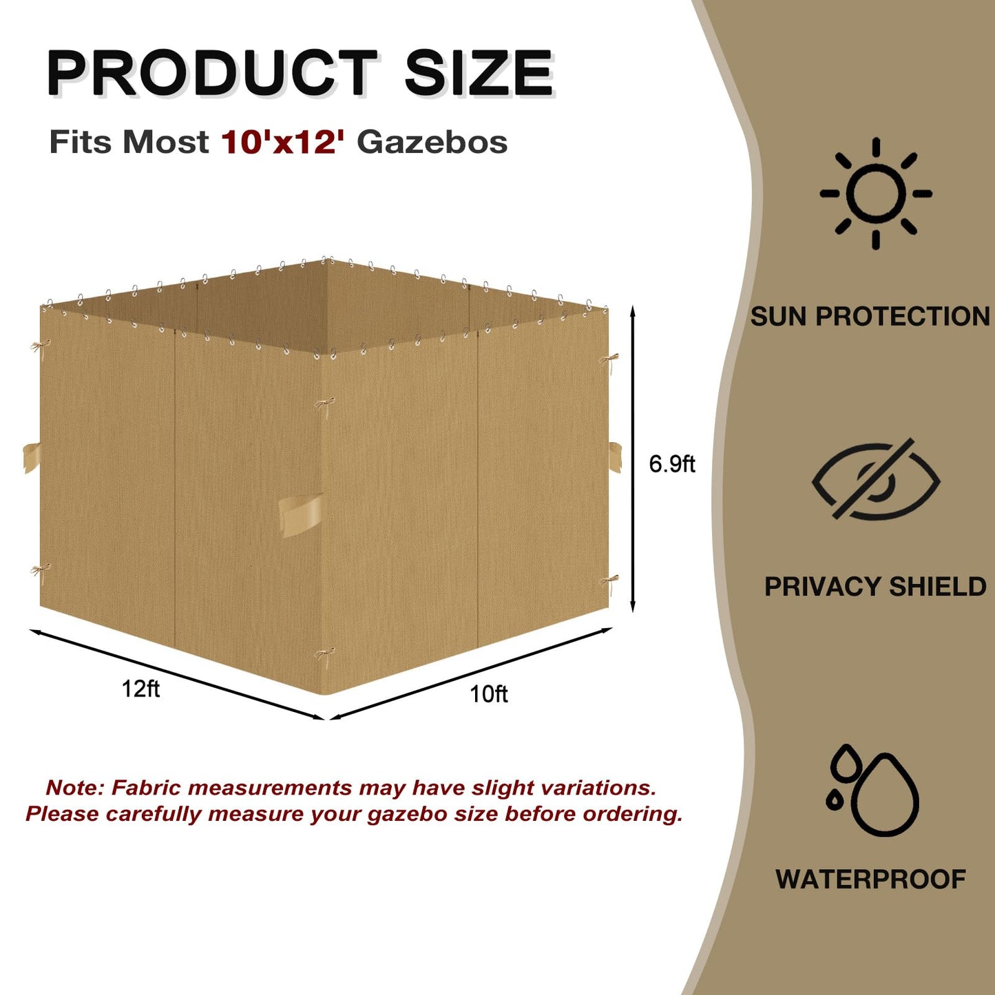 Gazebo Privacy Curtains 10' x 12' Replacement Panels – Waterproof & Windproof 4 Zippered Sidewalls for Patio Canopy, Outdoor Garden or Backyard Gazebo(Khaki)