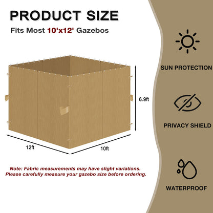Gazebo Privacy Curtains 10' x 12' Replacement Panels – Waterproof & Windproof 4 Zippered Sidewalls for Patio Canopy, Outdoor Garden or Backyard Gazebo(Khaki)