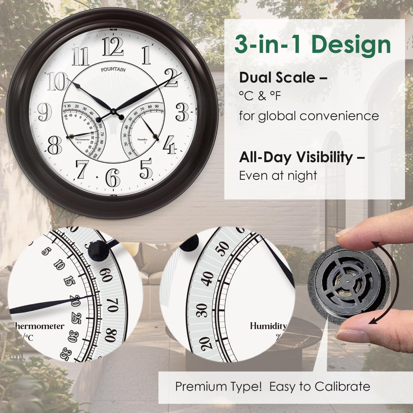 FOUNTAIN DESIGNS 24" Jameson in/Outdoor Lighted Clock, Self-Illuminated, Waterproof, 3 in 1 Weather Station (Thermometer & Hygrometer), Metal Clock, Oil Rubbed Bronze Finish(Night Light)