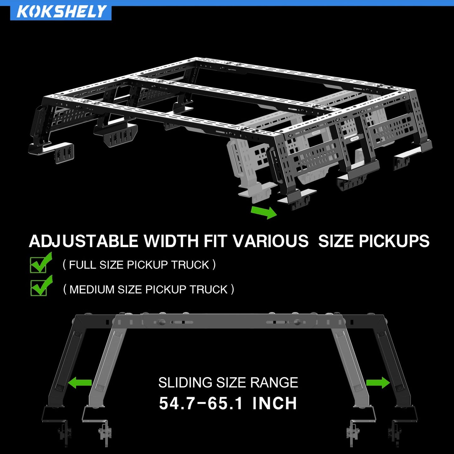 KOKSHELY Overland Truck Bed Rack for Full-Size & Mid-Size Trucks/Adjustable Truck Cargo Carrier/Tacoma Bed Rack, Fit for Tundra, Ram 1500 & HD, F-Series, Ranger, Silverado, Titan & XD,Gladiator