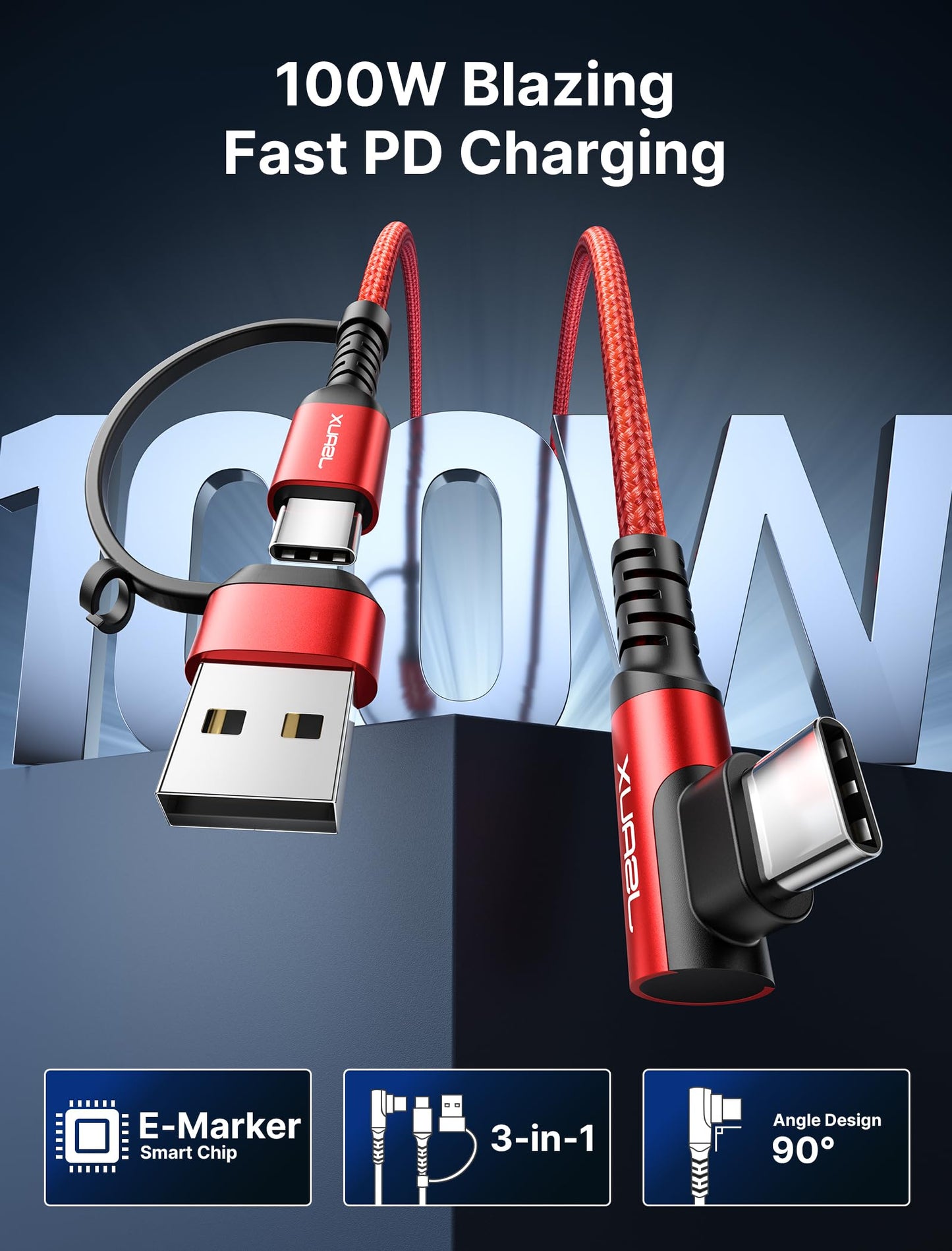 JSAUX 100W USB C Cable [2-Pack 10FT], Right Angle Fast Charging Cord with USB A to C Adapter for iPhone Air/iPhone 17/ iPhone 17 Pro/iPhone 17 Pro Max, iPhone 16/15, Samsung, MacBook, iPad - Red
