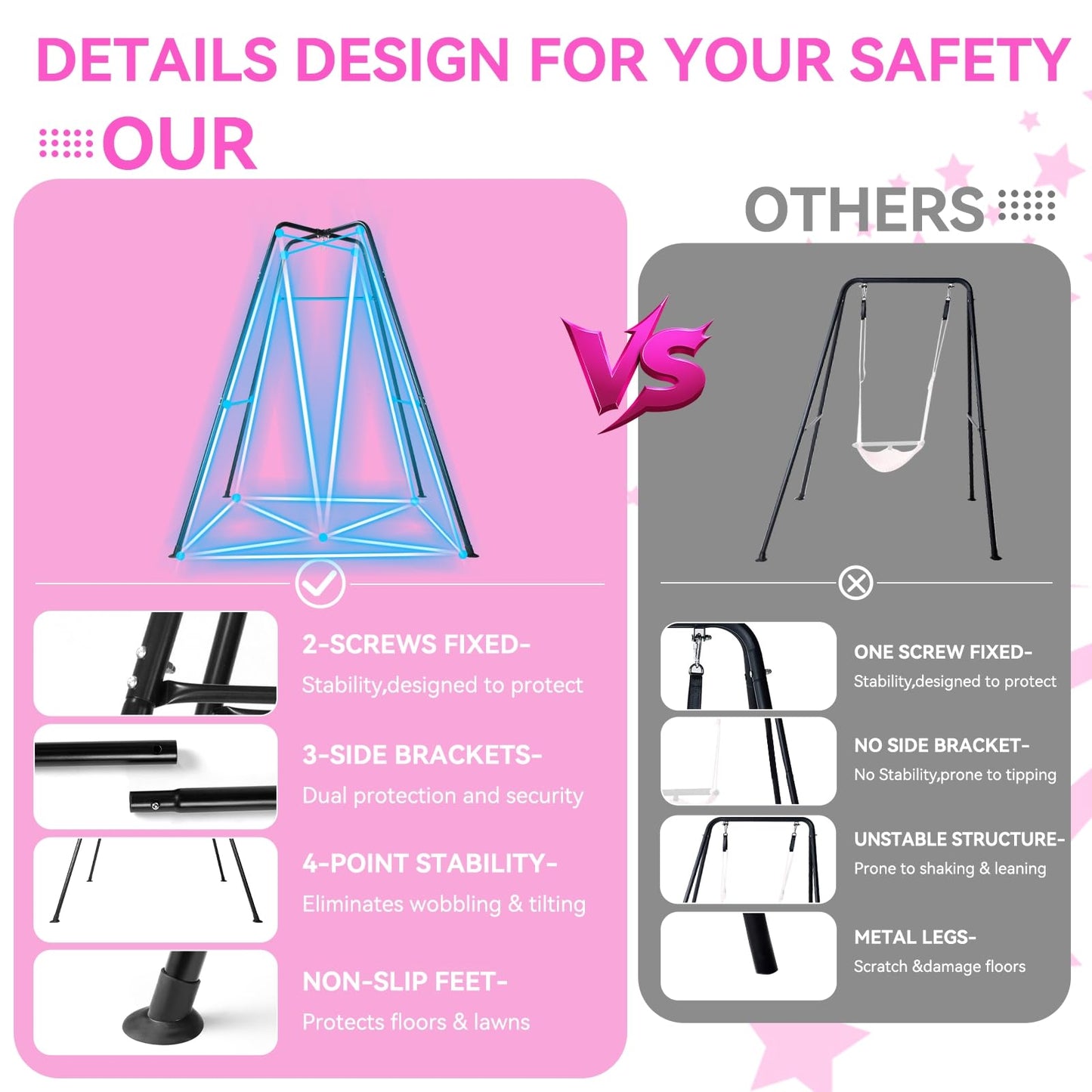 Swing Stand Frame with Sensory Pod Swings,Sensory Swing Set for Kids,Heavy Duty Metal Swings Frame,Cotton Sensory Pod Swing for Kids Indoor and Outdoor 330LBS Pink