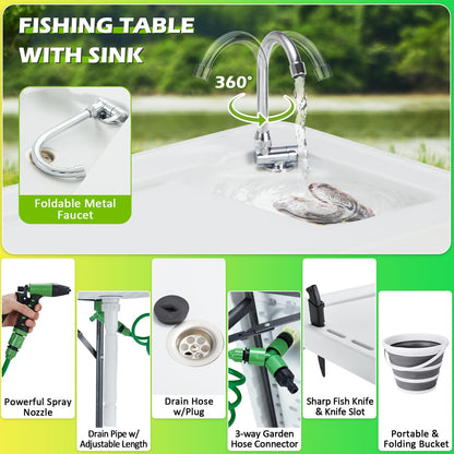 Avocahom Folding Fish Cleaning Table with Collapsible Bucket, Portable Outdoor Fillet Station Camping Sink Table with Faucet, Drainage Hose & Sprayer, Grid Rack, Knife Groove for Picnic Fishing