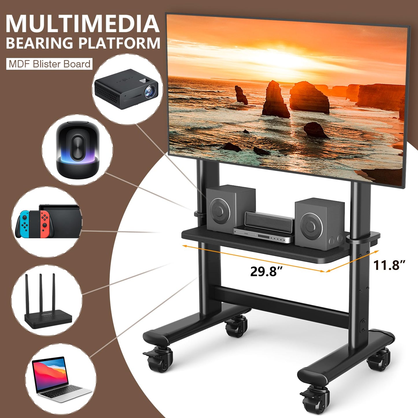Mobile TV Cart Rolling TV Stand with Wheels for 55-120 Inch LCD LED Flat Curved Screens up to 250 lbs, Max VESA800x600 mm Heavy Duty Portable Floor TV Stand Large Base Trolley Height Adjustable
