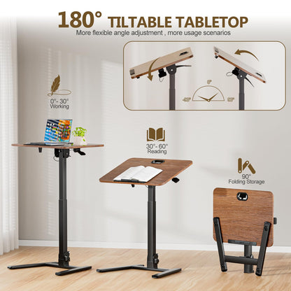 OUKMIC 25 Inch Mobile Foldable Standing Desk, 180 Degree Tiltable Portable Rolling Laptop Table, Height Adjustable Sit-Stand Desk with Wheels, No Assembly Computer Workstation for Home Office, Brown