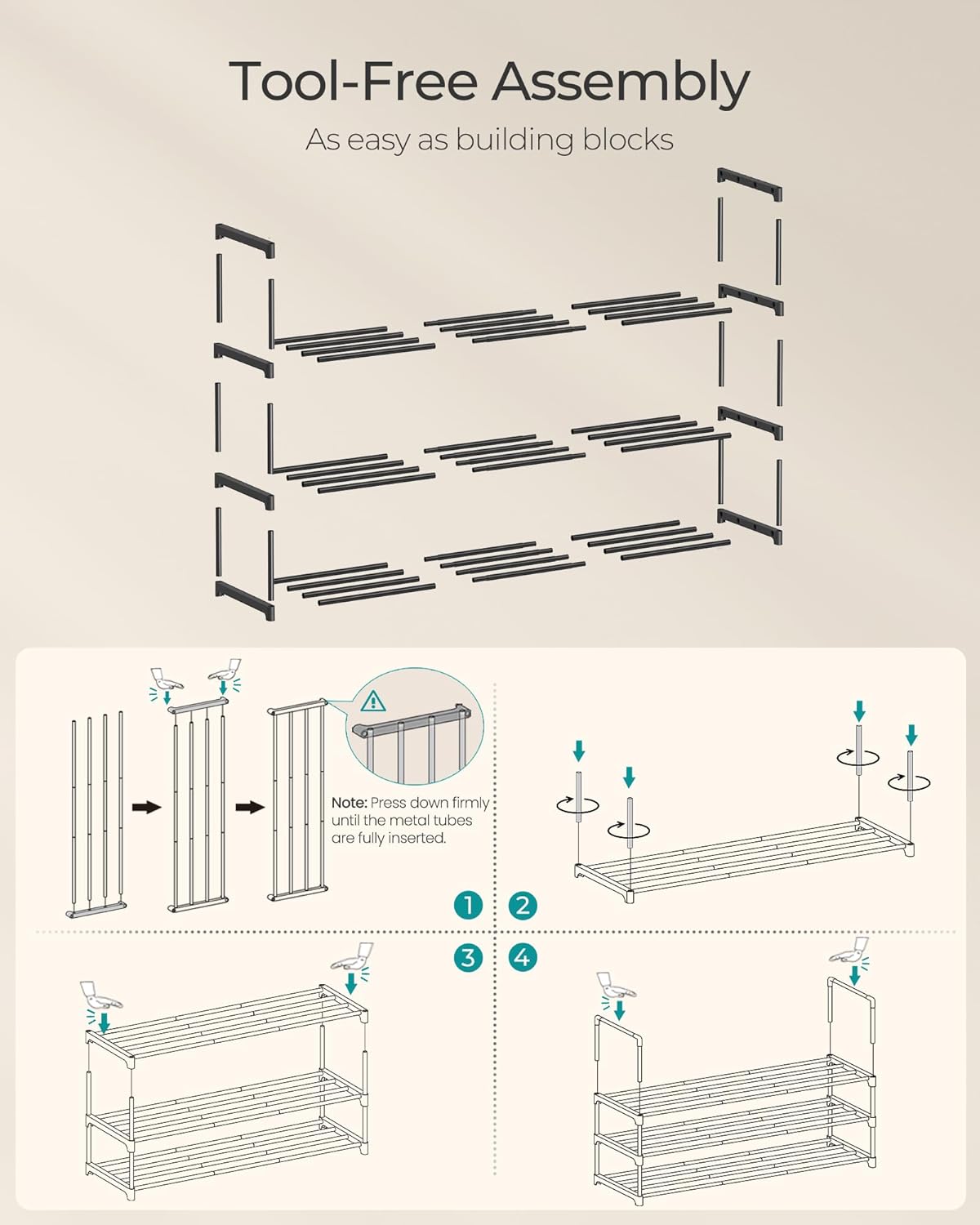 SONGMICS 3-Tier Shoe Rack - Stackable Metal Organizer for 16-20 Pairs | Black, 11.8 x 36.2 x 21.7 Inches