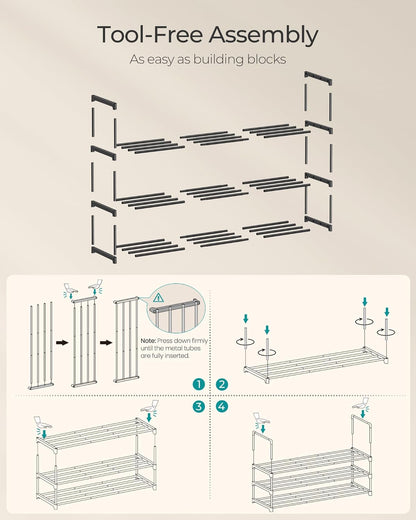 SONGMICS 3-Tier Shoe Rack - Stackable Metal Organizer for 16-20 Pairs | Black, 11.8 x 36.2 x 21.7 Inches