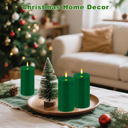 Green Flameless Candles, Set of 2 7"x3" Flickering LED Candles with Remote & Timer, Dimmable Electric Pillar Candles Battery Operated, Candles Light for Home St. Patrick's Christmas Decor (Green)