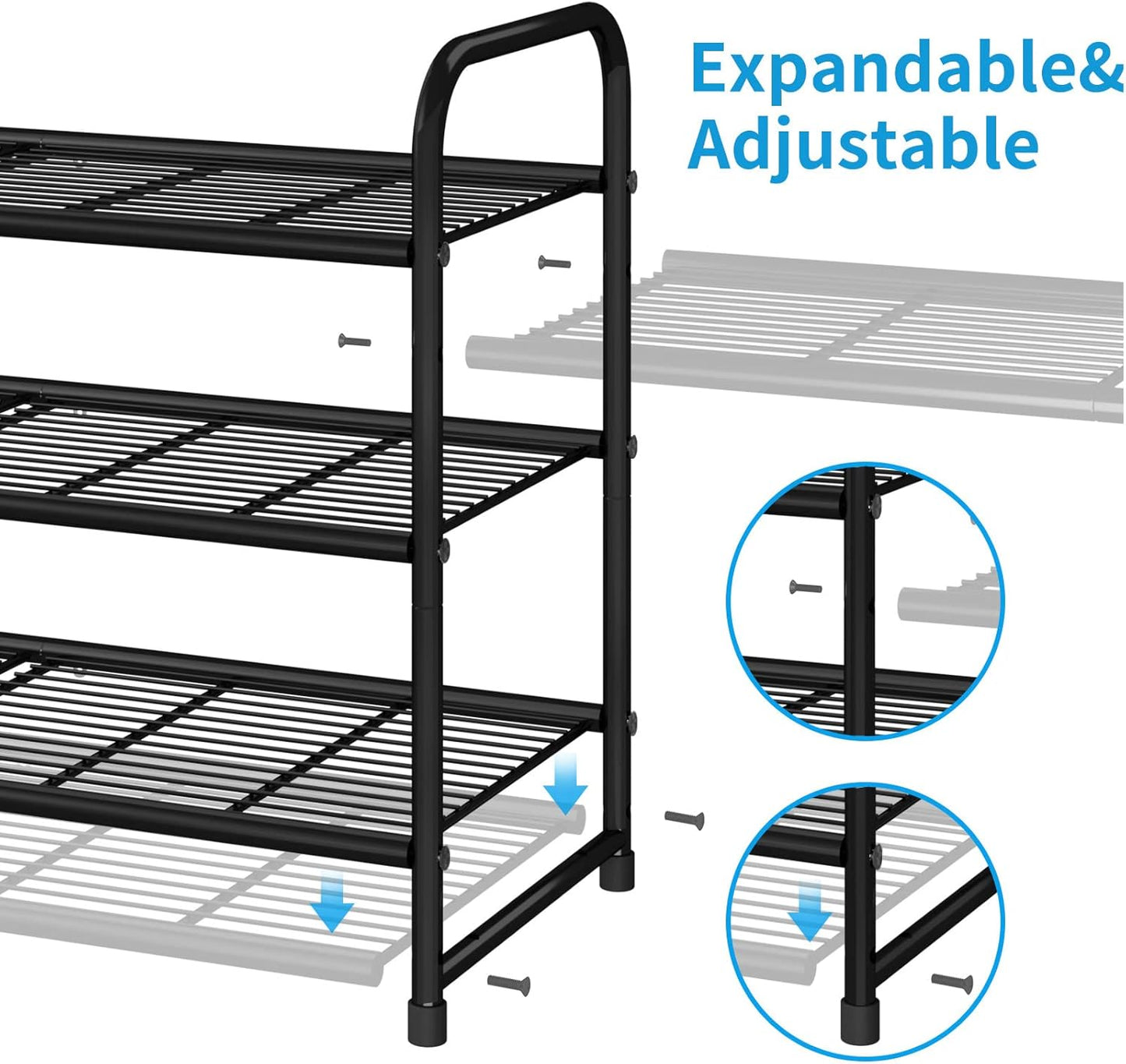 Simple Trending 3-Tier Stackable Shoe Rack - Expandable Adjustable Storage Organizer | Black Wire Grid