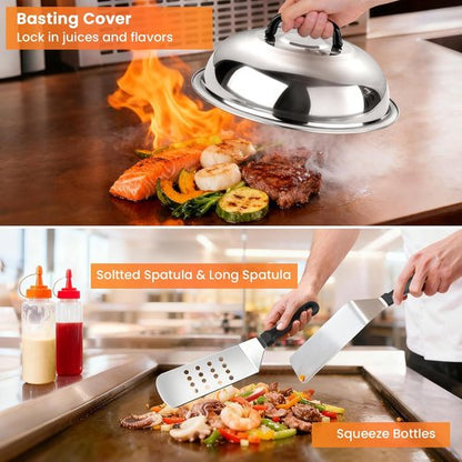 Blackstone Griddle Accessories Kit - 142 PCS Flat Top Grill Set with Spatulas, Basting Cover & Scraper