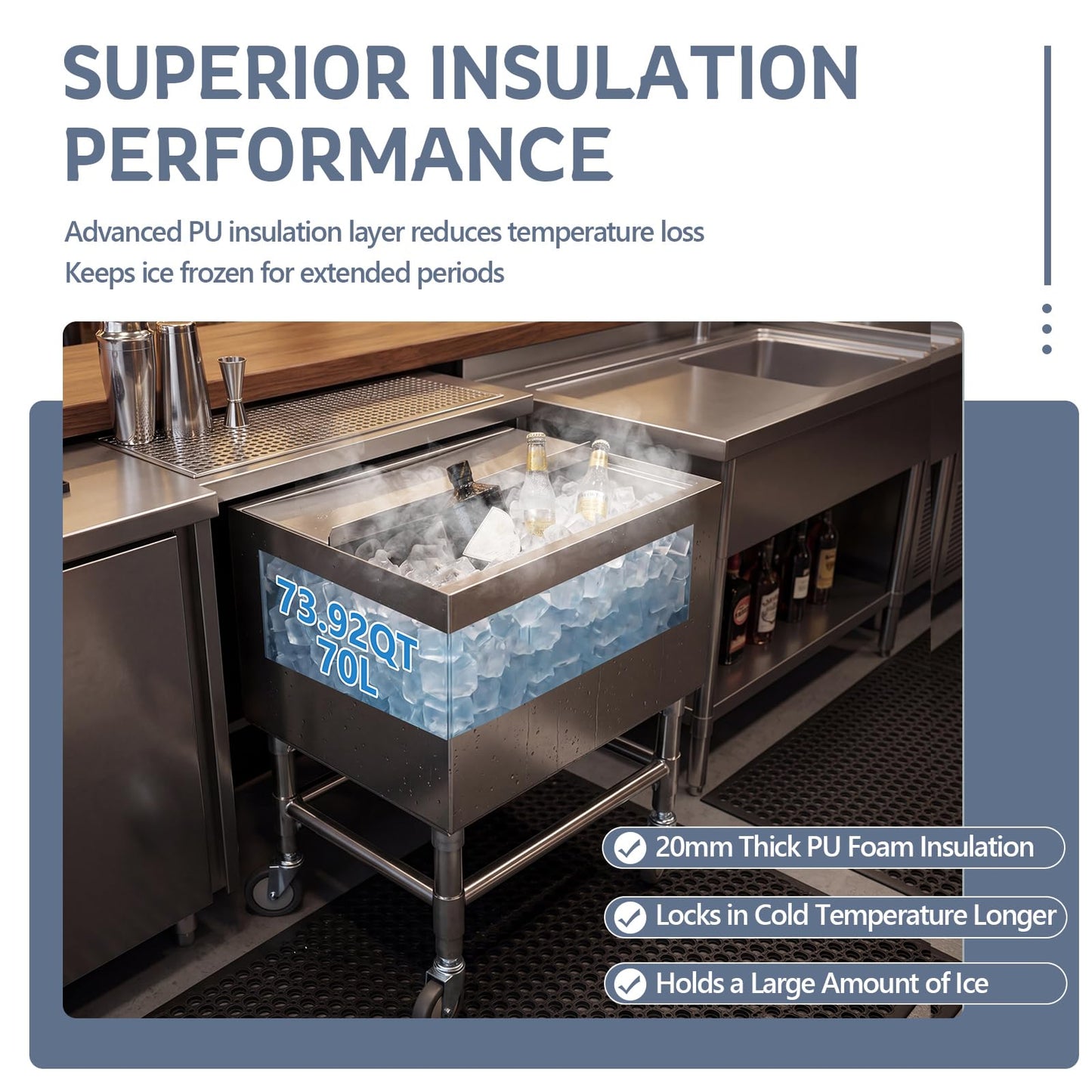 BreezeHug 18.5 x 24 x 30 Inches Commercial Ice Bin with Wheels, Underbar Stainless Steel Ice Chest with Sliding Lid, Cooler Cart Cocktail Unit for Bar Restaurant Pub and Hotels