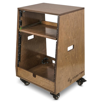 Sound Town DIY Slanted 12U Studio Rack (4U Top + 8U Lower), with 2U Bottom Storage, Slide-Out Tray, Caster, Plywood, Weathered Brown for Recording Room, Home Studio (SDRK-ST12TB)