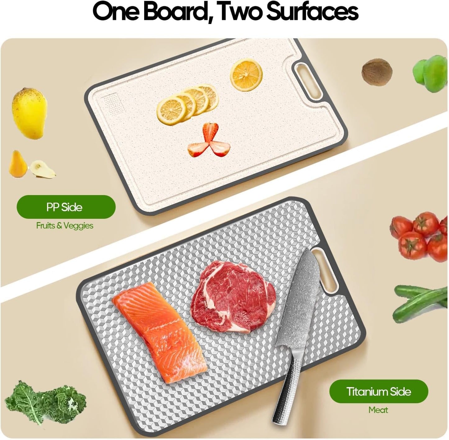 Titanium Cutting Board - Double-Sided Medical-Grade Design | Large Chopping Board with Juice Groove for Meat, Vegetables & Fruits