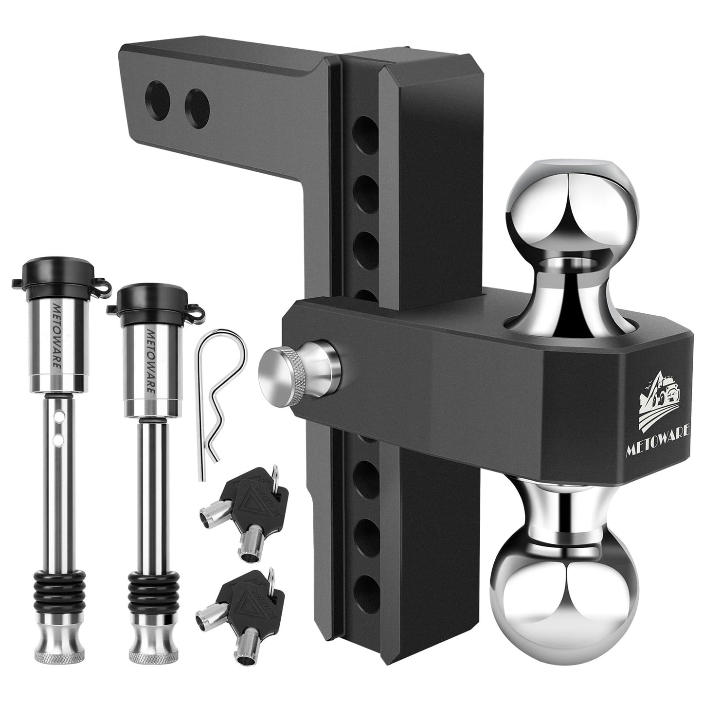 METOWARE Adjustable Drop Hitch - Aluminum Tow Hitch Fits 2-Inch Receiver - Heavy Duty Trailer Hitch with 8-Inch Drop/Rise for Truck (12,500 LBS GTW), Double Anti-Theft Stainless Steel Pin Locks(Black)