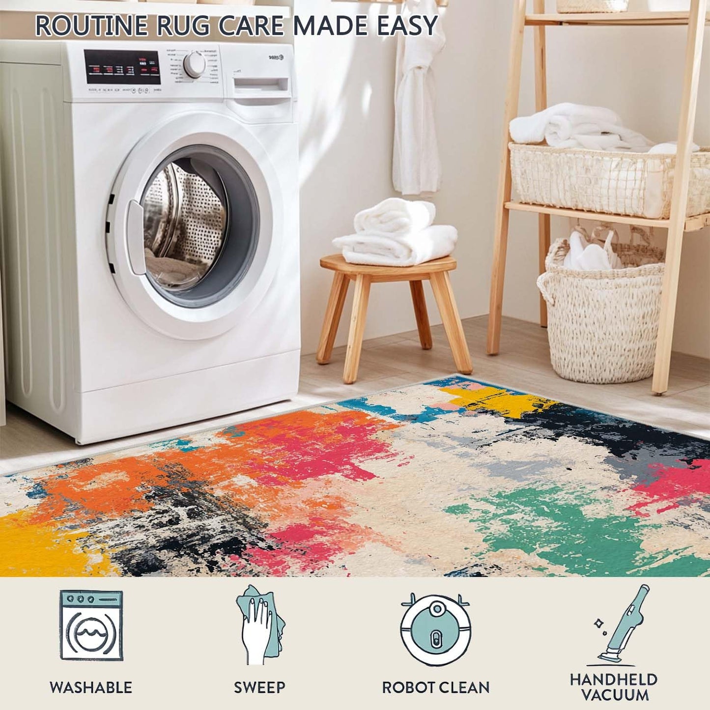 5x7 Colorful Area Rug Modern Abstract Beige Orange Yellow Pink Blue Black White Grey Rug Bedroom Low Pile Thin Large Carpet Living Room Non Slip Dining Room Stain Resistant Office Washable Machine