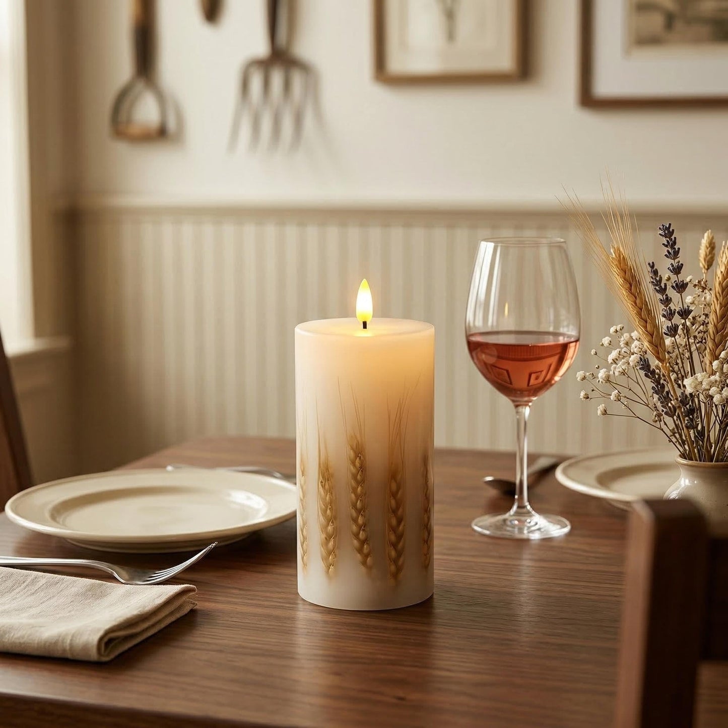 Remineux Flameless LED Candle with Embedded Natural Wheat, Battery-Operated Real Wax Pillar Candle, Flickering Flame Effect, Remote Control, Rustic Farmhouse Decor, Unscented, White (3.25 * 6in)