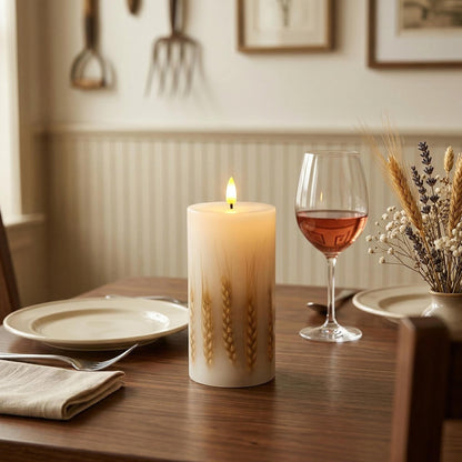Remineux Flameless LED Candle with Embedded Natural Wheat, Battery-Operated Real Wax Pillar Candle, Flickering Flame Effect, Remote Control, Rustic Farmhouse Decor, Unscented, White (3.25 * 6in)