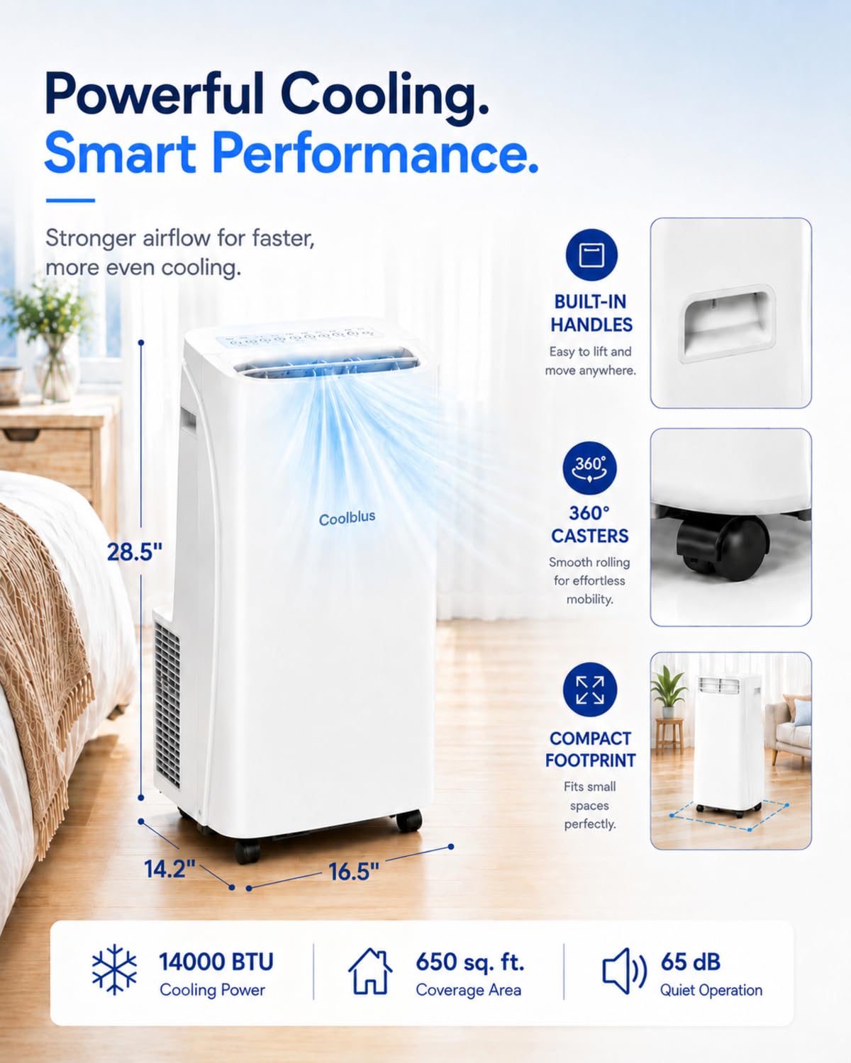 Coolblus Portable Air Conditioners 14000 BTU, Wi-Fi Smart Portable AC Unit for Room Up to 650 Sq.Ft, 3 in 1 Quiet AC with Cool/Dehumidify/Fan, Remote Control, Auto Swing, White-14000BTU-WIFI