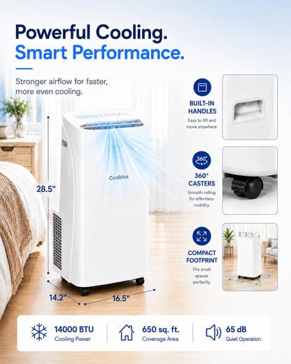 Coolblus Portable Air Conditioners 14000 BTU, Wi-Fi Smart Portable AC Unit for Room Up to 650 Sq.Ft, 3 in 1 Quiet AC with Cool/Dehumidify/Fan, Remote Control, Auto Swing, White-14000BTU-WIFI