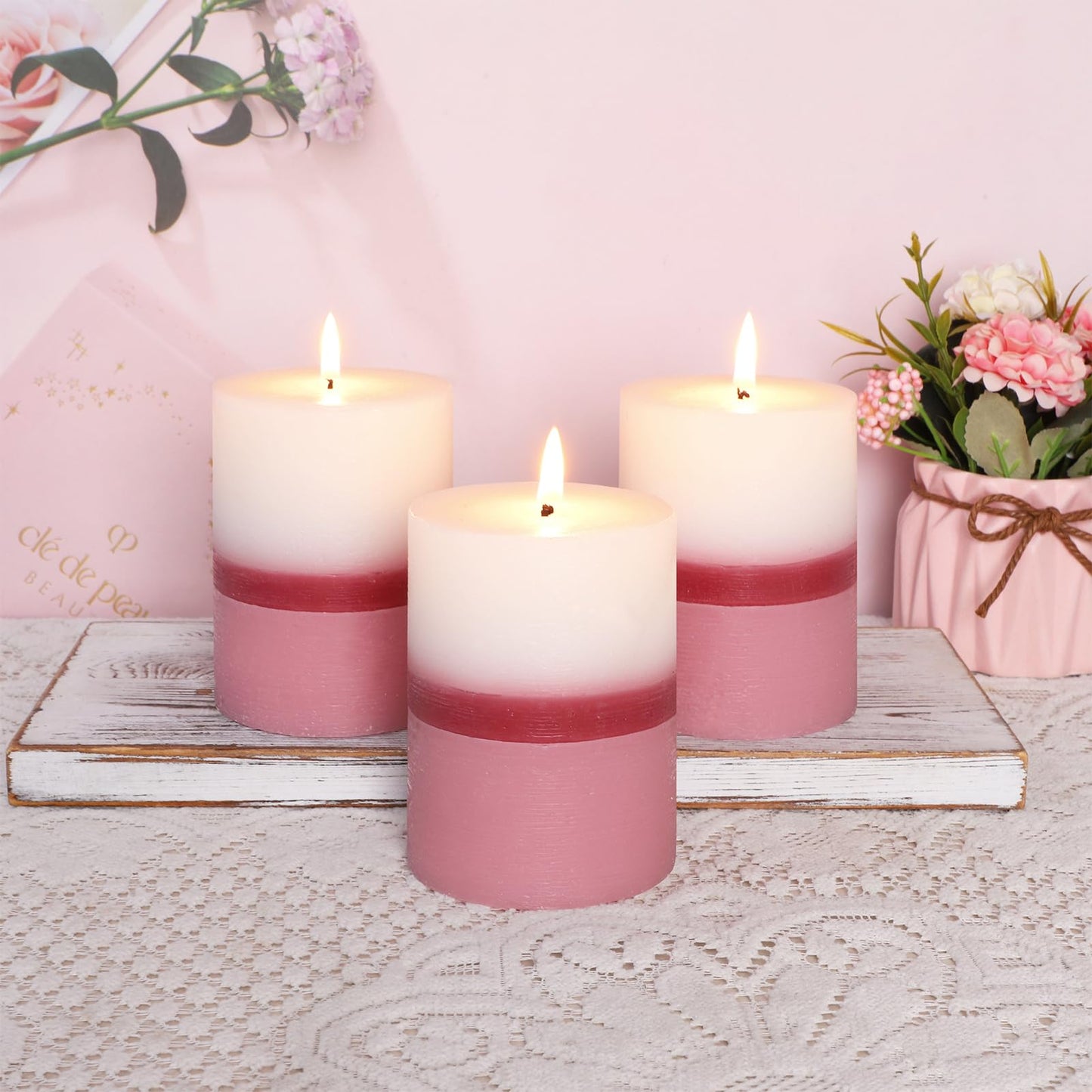 Cafemoon Floral Scented Pillar Candles Set of 3, 3x4 Inch Rustic Rough Texture Handmade Aromatherapy Candles, 35+ Hours Long Lasting Smokeless & Dripless for Home Decor Wedding Birthday Gift