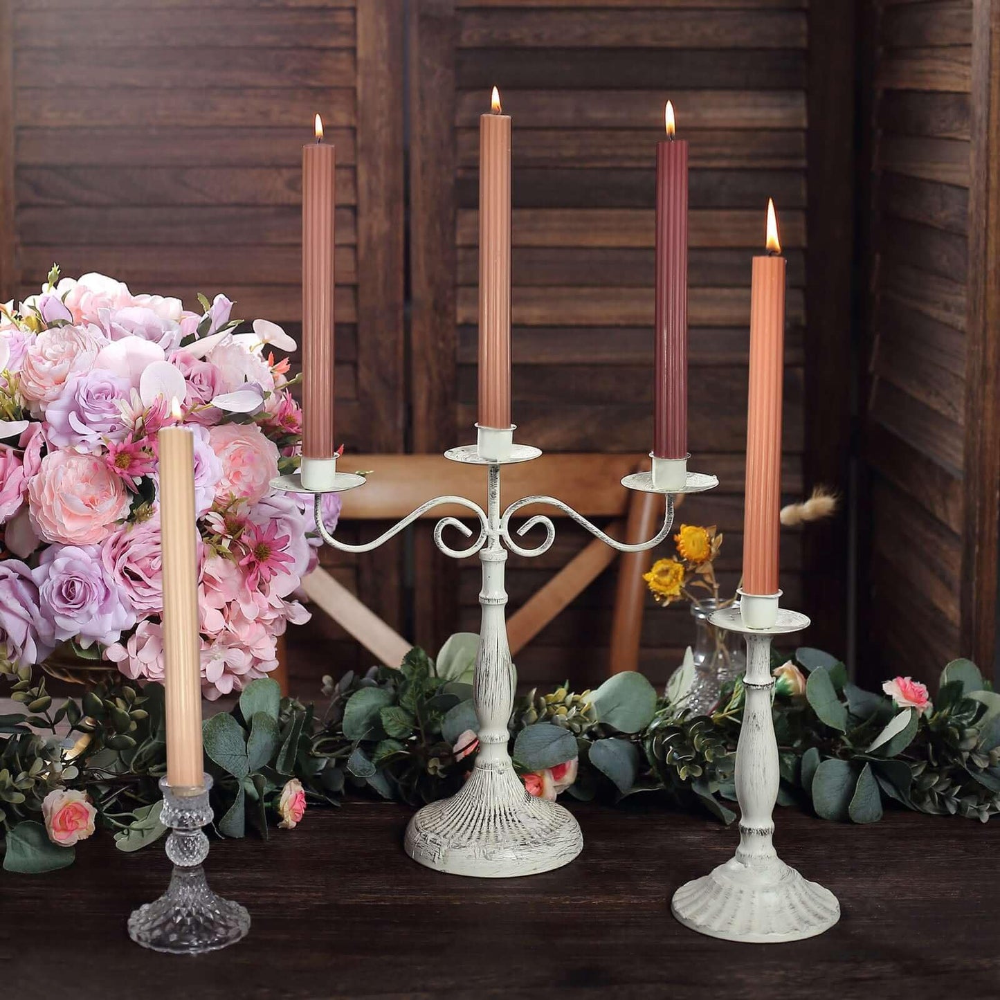 Tableclothsfactory 5 Pack | 9" Assorted Natural Premium Unscented Ribbed Wick Taper Candles, Tall Ribbon Wax Dinner Candles