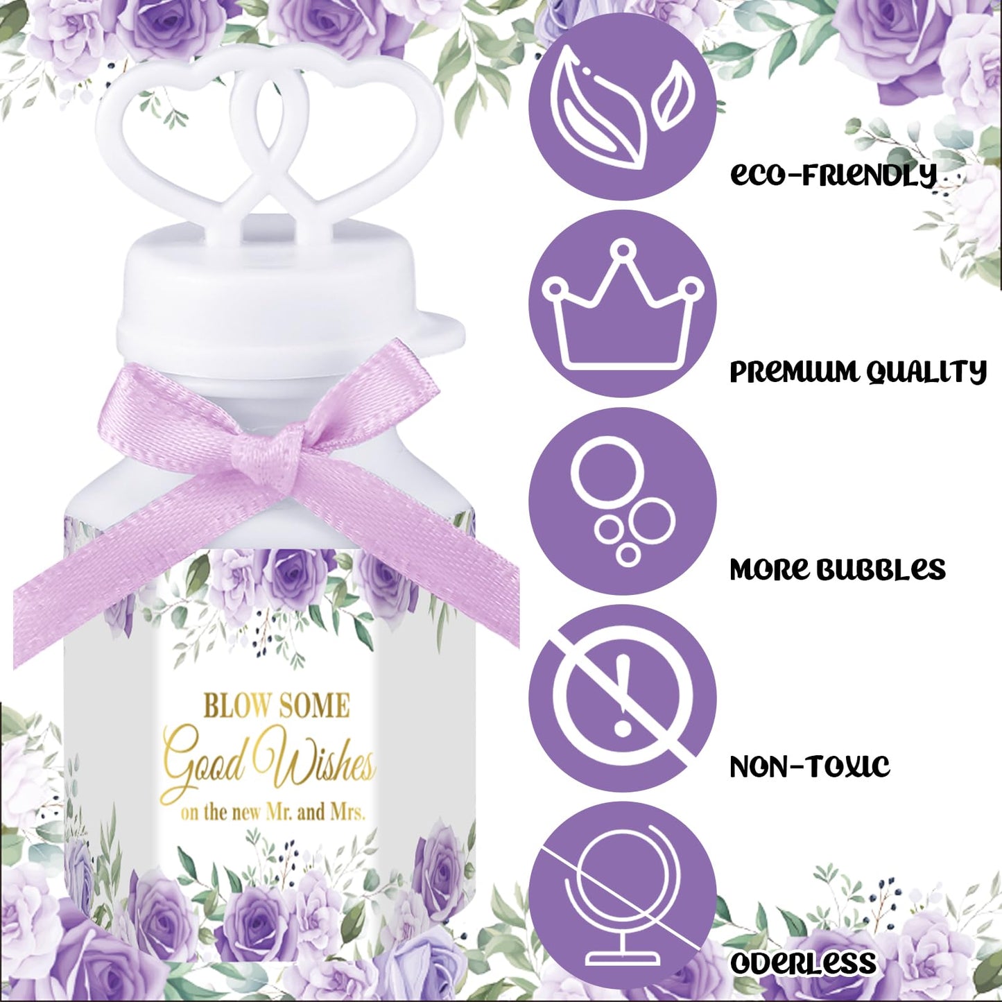 LaRandom 150 Pcs Purple Floral Wedding Bubbles Bulk with Bubble Solution Wedding Mini Bubble Gifts Mini Heart Wand for Anniversary, Engagement, Bridal, Valentine's Day, Gift for Adult Couple