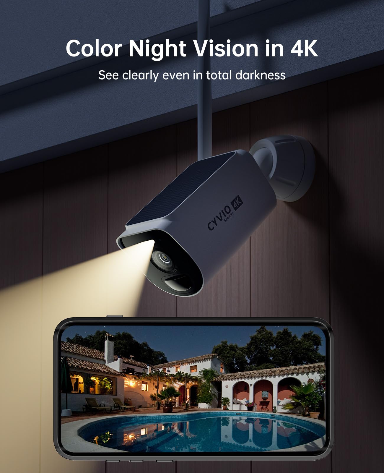 CYVIO 4K Solar Security Camera Wireless Outdoor, 2-Cam Kit, CYVIO WiFi Long Range, Battery Powered, Color Night Vision, PIR Motion Detection, No Monthly Fee