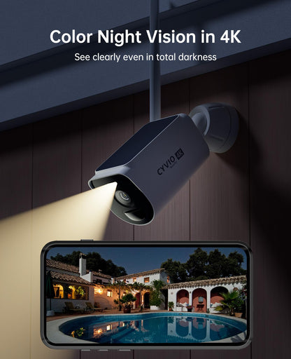 CYVIO 4K Solar Security Camera Wireless Outdoor, 2-Cam Kit, CYVIO WiFi Long Range, Battery Powered, Color Night Vision, PIR Motion Detection, No Monthly Fee