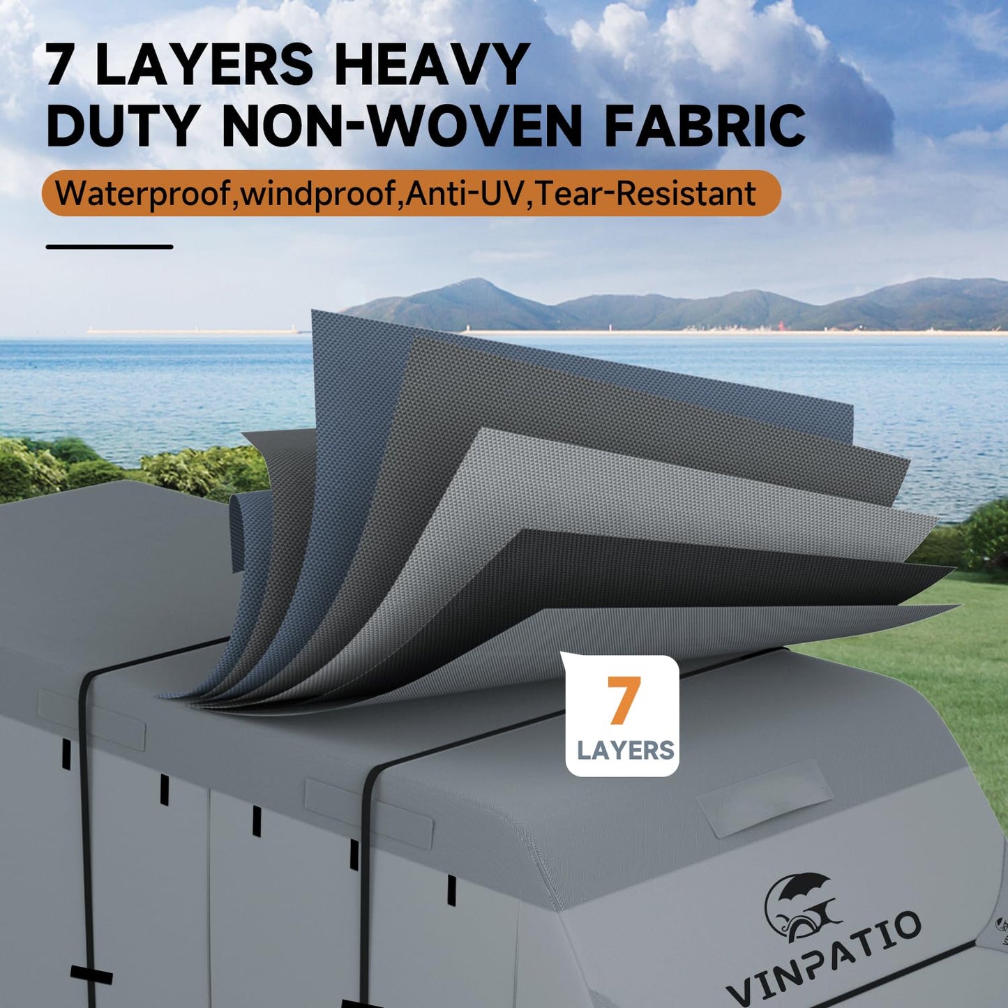 VINPATIO RV Cover, 7 Layers Heavy Duty RV & Trailer Cover, Toy Hauler Cover Fits 35'-38' RV Travel Trailer Camper Cover with Tongue Jack Cover, Extra Windproof Straps, Gutter Covers
