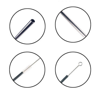 BambooMN Reusable Stainless Steel Metal Drinking Straws - 8.5" Thick Straight Straws w/ 1x Cleaning Brush - 6 Pack