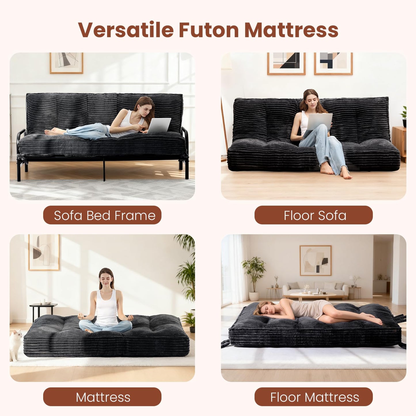 feliz home 10" Futon Mattress Full Size,Futons Sofa Couch Bed with Straps, Thick Corduroy Floor Mattress for Adults, Roll Up Folding Mattress Shredded Foam Filling, Medium Firm(Frame Not Included)
