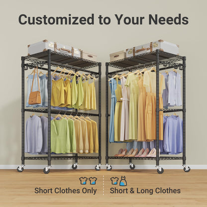 VIPEK R2 Pro Rolling Garment Rack 2-Sided Hanging Heavy Duty Clothes Racks With Wheels Adjustable Shelves Hanging Rods Metal Portable Closet Storage Freestanding Clothing Rack, Max Load 600lbs, Black