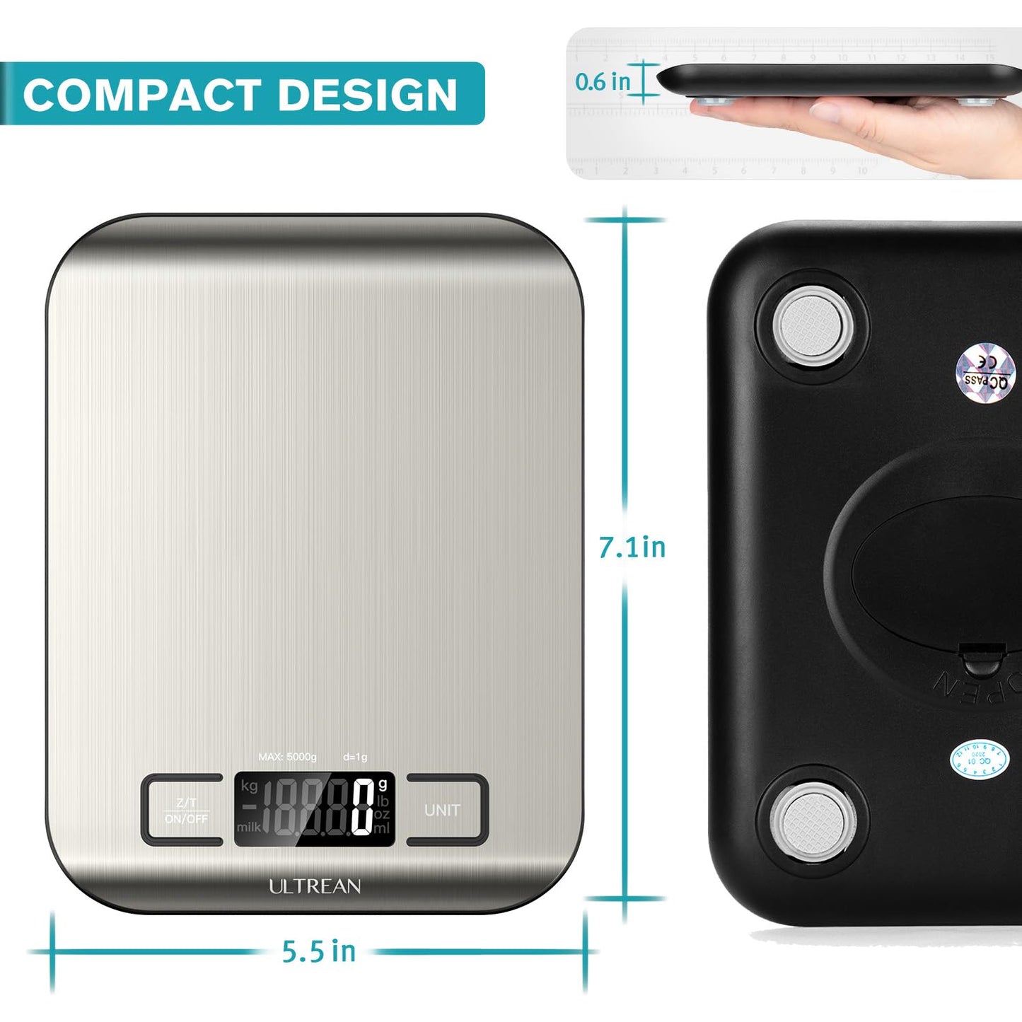 Ultrean Food Scale, Digital Kitchen Scale Weight Grams and Ounces for Baking Cooking and Meal Prep, 6 Units with Tare Function, 11lb (Batteries Included)