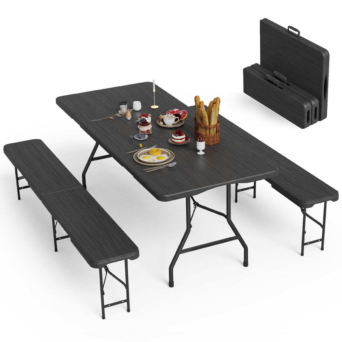 VSOAEIL 6 Foot Folding Picnic Table Set with 2 Benches, HDPE Tree Pattern Top, 3-Piece Portable Indoor Outdoor Furniture with Safety Locks & Handle for Party Camping, Black