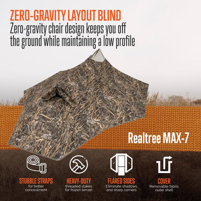 ALPS OutdoorZ Zero-Gravity Layout Blind - Advanced Hunting Blind in Realtree MAX-7, with Flared Fabric, Heavy-Duty Stakes, Padded Seat & Headrest, Gear Pockets, and Backpack Straps