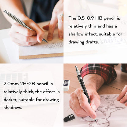 Nicpro 30PCS Art Mechanical Pencil Set in Leather Case, Metal Drafting Pencil 0.5 mm, 0.7 mm, 0.9 mm & 3 PCS 2mm Lead Holders for Sketching Drawing With 16 Tube (6B 4B 2B HB 2H 4H Colors) Lead Refills