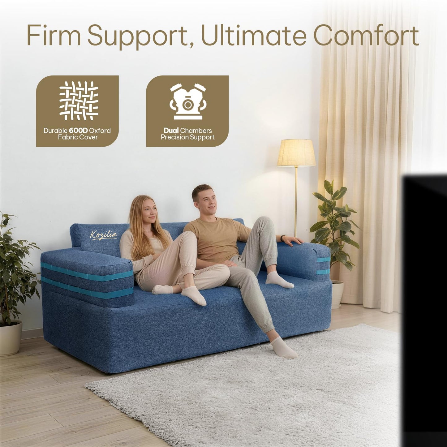 Kozilia Portable Inflatable Sofa with Built-in Pump - Quick Inflation Comfortable and Durable Blow Up Loveseat for Indoor & Outdoor, Living Room, Camping, Apartment, Dorm