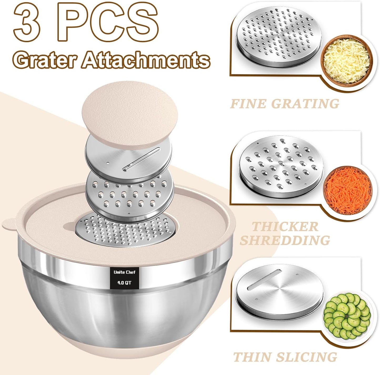 Umite Chef Mixing Bowls Set - 8PCS Stainless Steel Nesting Bowls with Airtight Lids & Grater | Khaki, Non-Slip Bottoms, 1.5QT to 5QT