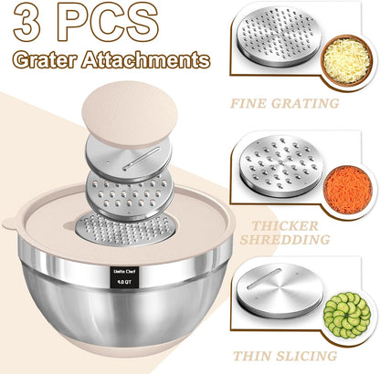 Umite Chef Mixing Bowls Set - 8PCS Stainless Steel Nesting Bowls with Airtight Lids & Grater | Khaki, Non-Slip Bottoms, 1.5QT to 5QT
