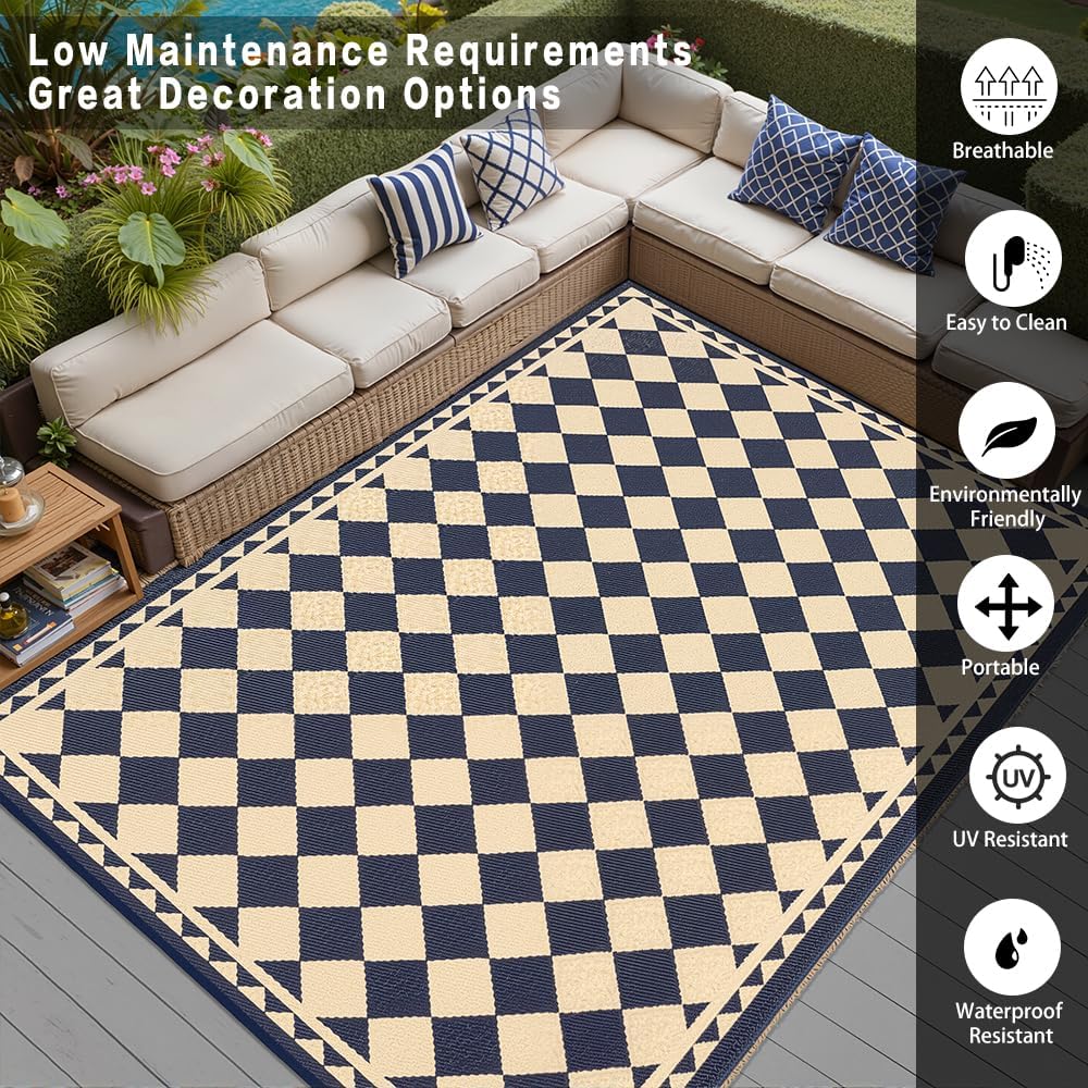 HUGEAR Outdoor Waterproof Rug 9'x18' Plastic Straw Rugs Washable Reversible Floor Mat Beige Plaid Carpet for Camping RV Deck Entryance Porch Picnic Balcony Beach Backyard