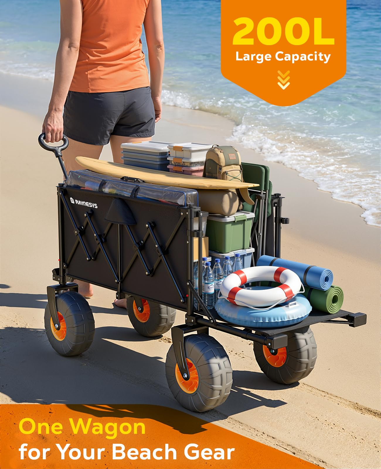 Beach Wagon with Big Wheels for Sand, 440lbs Wagons Carts Foldable with 9x4 All-Terrain Wheels, Rear Tailgate, 200L Capacity, Heavy Duty Collapsible Beach Cart for Garden Sports Camping Outdoor