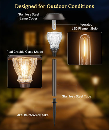 XMCOSY+ Solar Pathway Lights Outdoor, 8 Pack Decorative Crackled Glass Garden Lights, Soft Warm White Glow, Auto On/Off Waterproof Landscape Lighting for Yard Walkway Patio