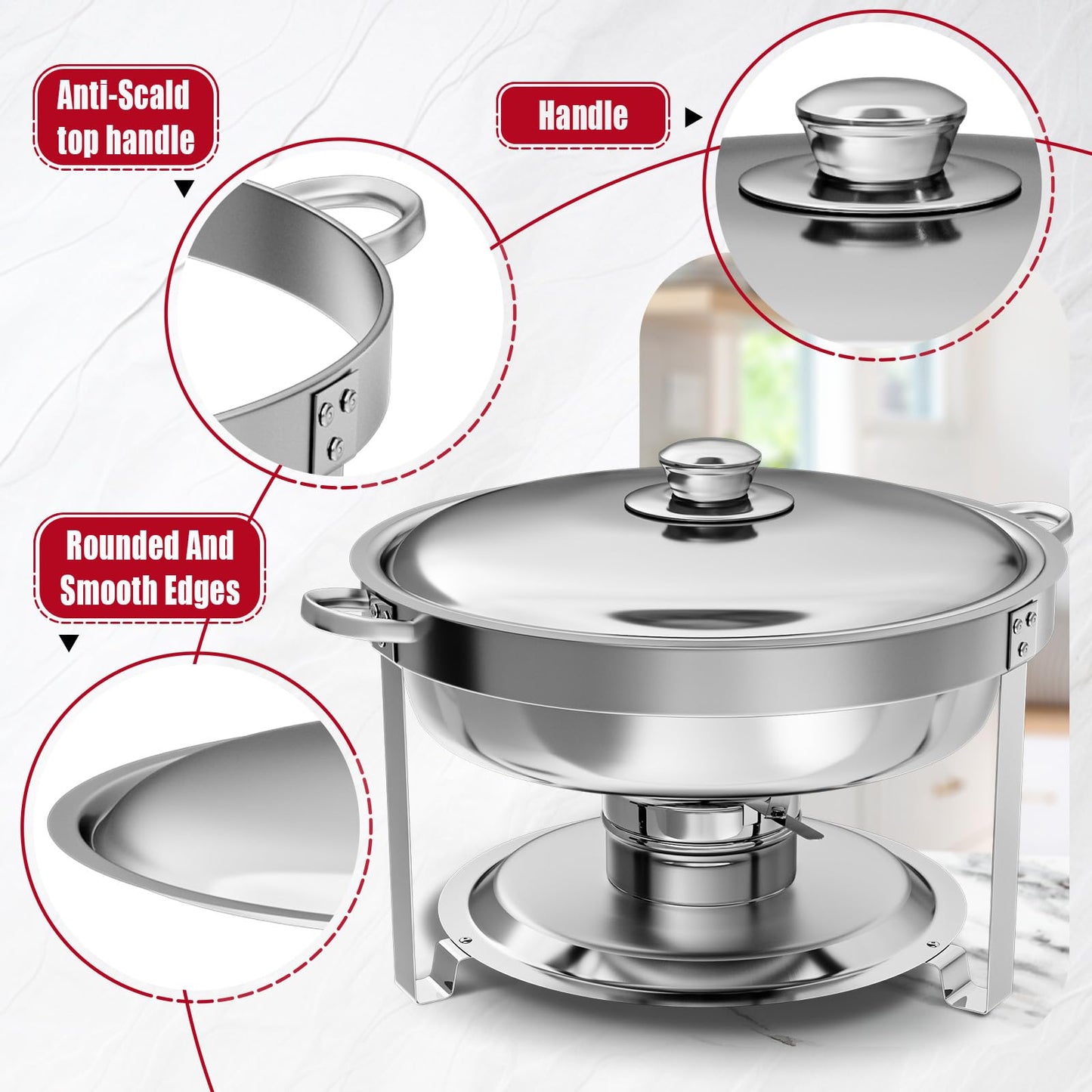 IMACONE Chafing Dish Buffet Set 4 Pack, 8 QT Rectangle & 5QT Round Stainless Steel Chafer for Catering, Chafers and Buffet Warmer Sets w/Food & Water Pan, Lid, Fuel Holder for Event Party Holiday