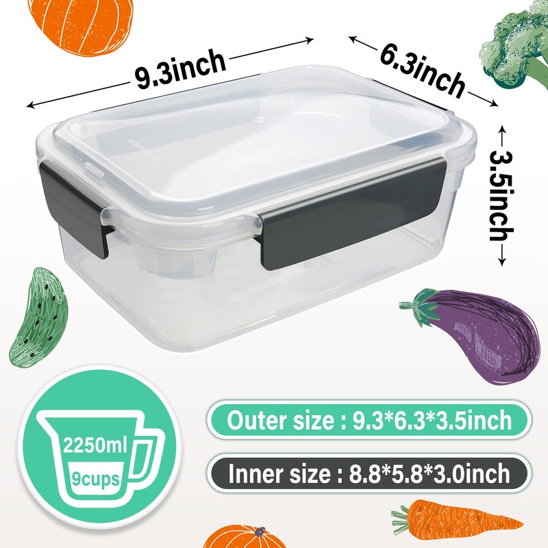 YORY 9 cup Plastic Food Storage Containers with Lids Nestable Freezer Dishwasher Safe Rectangle Meal Prep Container Set,5-Pack