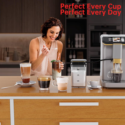 PioneerWorks Full Automatic Espresso Machine with Built-In Grinder & Milk Frother - FTF Touchscreen Coffee Maker for Latte/Cappuccino, 20 Bar Pressur & 1.5L Water Tank, 1350W, Gold