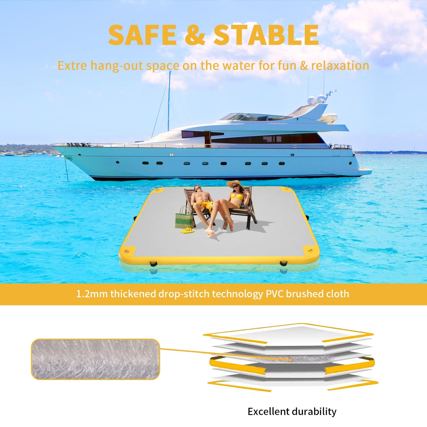 GONFLABLE 8x6ft Inflatable Floating Dock, Inflatable Water Platform Raft with Air Pump & Storage Bag, Floating Island Mat for Pool Lake Beach Ocean (Yellow, 8 x 6ft)