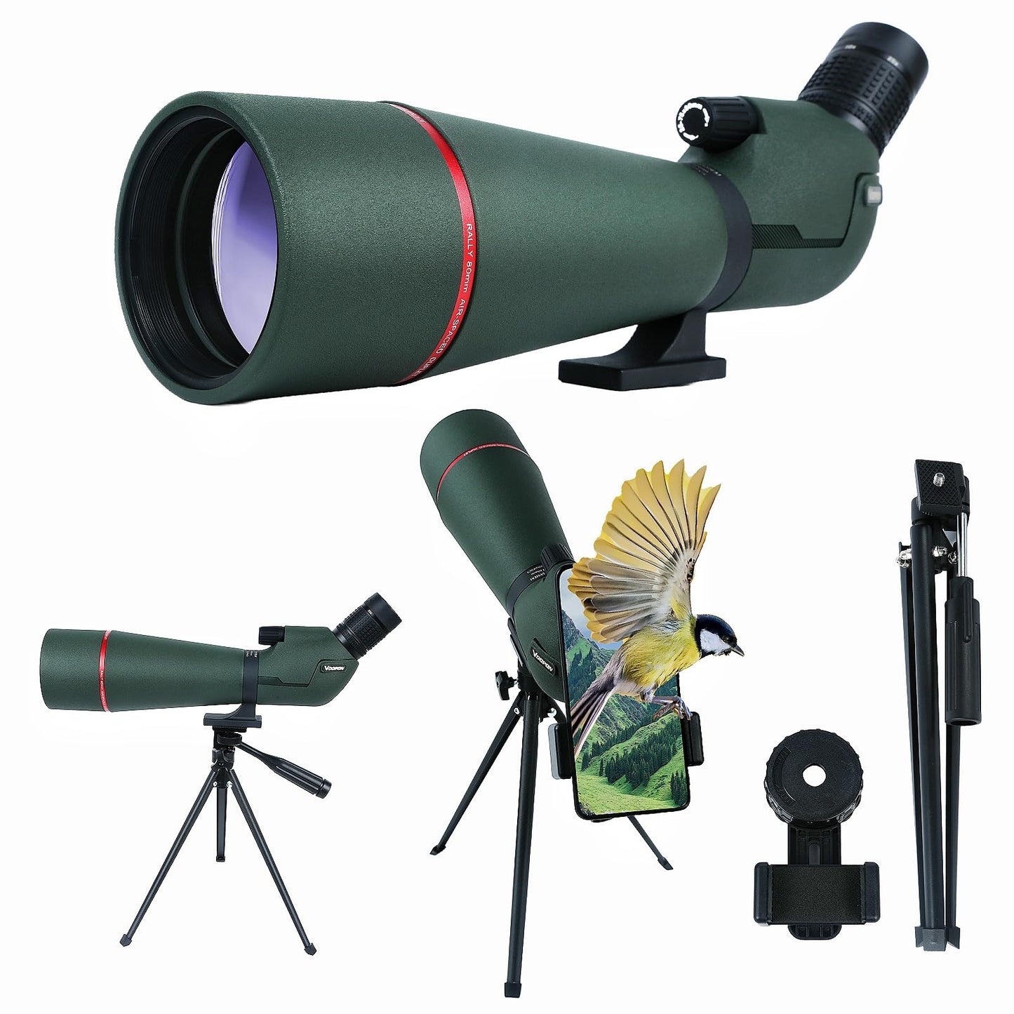 Voopon 25-75x80 HD Spotting Scope - BAK4 Prism Nitrogen-Filled with Phone Adapter, and Carrying Bag for Target Shooting, Hunting, Bird Watching, and Wildlife Viewing - Waterproof Frogproof Telescope