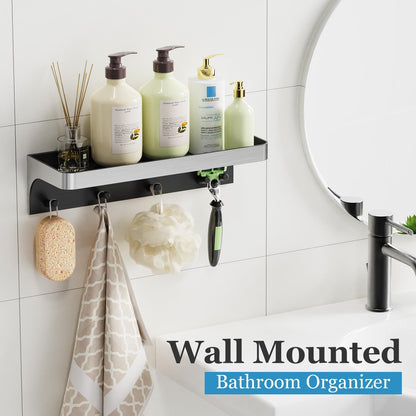 Skiennix Shower Caddy - Adhesive Shower Shelves with Hooks | No Drill, Rustproof Bathroom Organizer - Silver